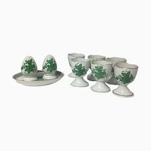 Hueveras y agitadores Bouquet Apponyi chinos de porcelana verde de Herend Hungary. Juego de 9