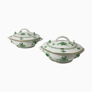 Chinese Bouquet Apponyi Green Porcelain Tureens with Handles from Herend, Set of 2
