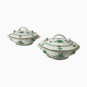 Zuppiere Bouquet Apponyi in porcellana verde con manici di Herend, set di 2