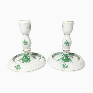 Chinese Bouquet Apponyi Green Porcelain Candleholders from Herend Hungary, Set of 2