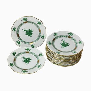 Small Chinese Bouquet Apponyi Green Porcelain Plates from Herend, Set of 12