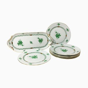 Plateau Bouquet Apponyi en Porcelaine Verte avec 6 Assiettes de Herend, Set de 7