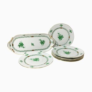 Vassoio Bouquet Apponyi in porcellana verde con 6 piatti di Herend, set di 7