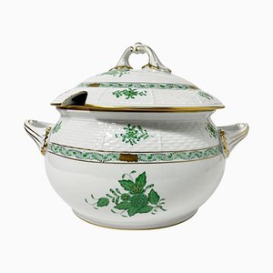 Sopera Bouquet Apponyi china de porcelana verde con asas de Herend