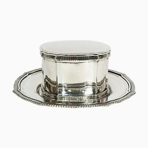 Dutch Silver Cardinal Model Biscuit Box with Plate, Set of 2