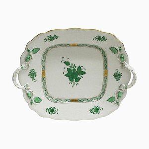 Piatto da portata Bouquet Apponyi in porcellana verde con manici di Herend