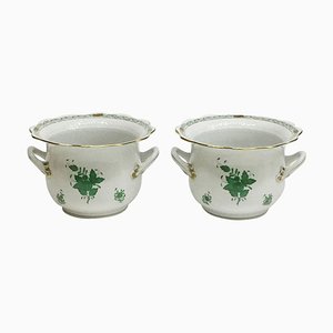 Chinese Bouquet Apponyi Green Porcelain Cachepots from Herend, Set of 2