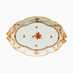 Chinese Porcelain Bouquet Apponyi Rust Ribbon Tray from Herend, Hungary