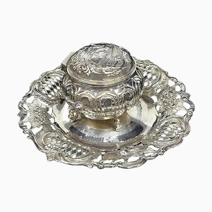 Silver Small Dutch Sword Marked Inkwell With a Scene of Houses and a Windmill