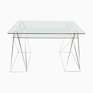 Trestle Leg Console Table / Desk With Two-Tiered Glass Top