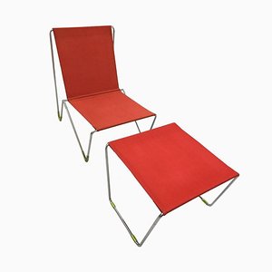 Set of Red Bachelor Chair with Stool by Verner Panton for Fritz Hansen