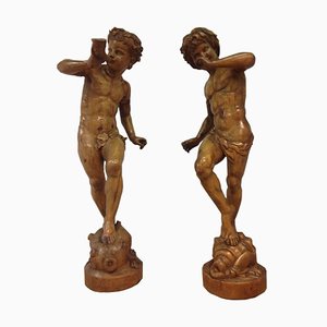 Large 19th Century Fruit Wooden Statues of Young Bacchus, Set of 2