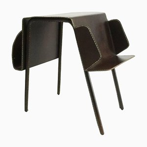Brown Leather Stitched Magazine Rack, France, 1960s