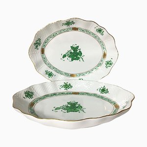 Chinese Bouquet Apponyi Green Porcelain Oval Dishes from Herend Hungary, Set of 2