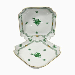 Platos de ensalada Bouquet Apponyi chinos de porcelana verde de Herend Hungary. Juego de 2