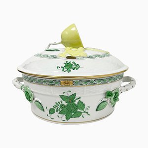 Sopera Bouquet Apponyi china pequeña de porcelana verde con asas de Herend