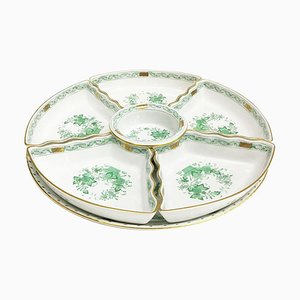 Indian Basket Green Porcelain Hors d'Oeuvres Set from Herend, Set of 7