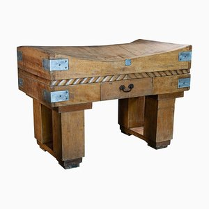 French Butcher's Block on Original Stand in Brown Beech, Early 20th Century