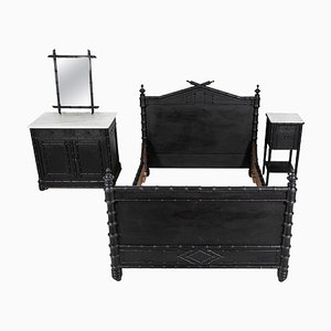 Suite pour Chambre à Coucher en Faux Bambou Noirci, 19ème Siècle, Set de 4