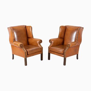 English Georgian Style Tan Leather Wingback Armchairs, Set of 2