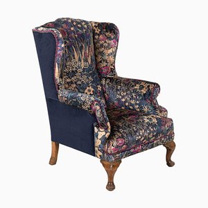 Fauteuil à Oreilles en Acajou et Tissu Liberty, Angleterre, 19ème Siècle