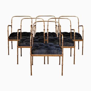 Faux Bamboo Gilt Iron Armchairs in the Style of Jacques Adnet, Set of 2
