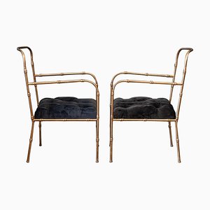 Faux Bamboo and Gilt Iron Armchairs in the Style of Jacques Adnet, Set of 2