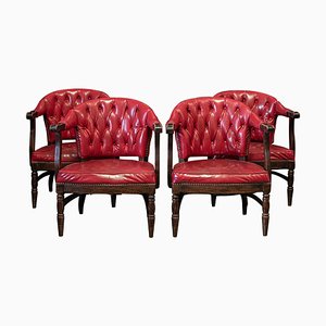 English Red Studded Club Chairs, 1920s, Set of 2