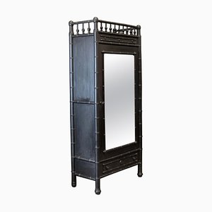 French Ebonised Mirrored Armoire in Faux Bamboo, 19th Century