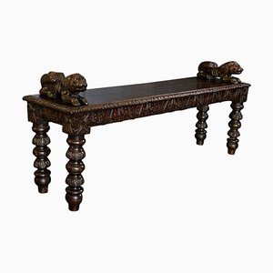 English Hand-Carved Oak Bench with Recumbent Carved Lions