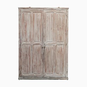 Large French Lime Washed Panelled Cupboard, 19th Century