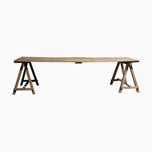 Large English Pine Trestle Table, Early 20th Century