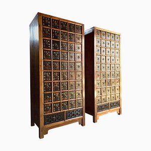 19th Century Qing Dynasty Elm Haberdashery Apothecary Cabinets, Set of 2