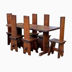 Arts & Crafts Oak Refectory Table and Chairs, 1950s, Set of 7