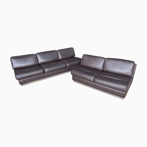 Space Age Leather and Aluminum Living Room Sofa Set by Jacques Charpentier for Roche Bobois, 1970s, Set of 2