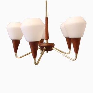 Teak, Brass and Opal Glass Ceiling Lamp, 1950s