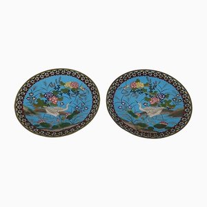 Meiji Era Japanese Late 19th Century Bronze Round Dishes and Cloisonne Emaux, Set of 2