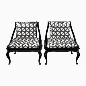 Mid-Century Asian Side Chairs in Black Lacquered Wood and New Upholstery, 1970s, Set of 2
