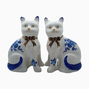 Staffordshire Ceramic Cat Figurines with Blue Floral Design, Set of 2