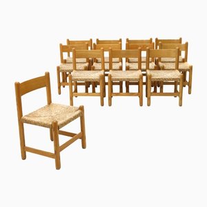 Solid Ash and Straw Seat Chairs, 1970s, Set of 12