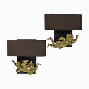 French Cherub Sconces in Gilded Brass, 1800s, Set of 2