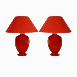 Mid-Century French Red Vase Chinoiserie Porcelain Table Lamps by Robert Kostka, 1970s, Set of 2