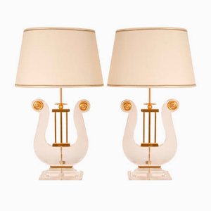 Mid-Century Modern French Hollywood Regency Neoclassical Acrylic and Gilt Bronze Lyre Shaped Table Lamps, 1970s, Set of 2