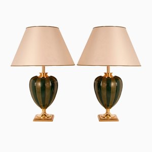 Vintage French Neoclassical Mid-Century Gold Green Gilt Brass Porcelain Table Lamps by Maison Charles, 1970s, Set of 2