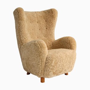 Fauteuil à Dossier Haut en Cuir d'Agneau par Sigvard Bernadotte pour Flemming Lassen, Danemark, 1940s