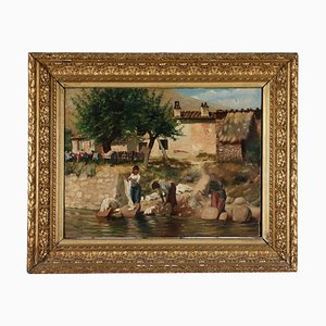 Landscape with Laundresses, Oil on Canvas, Framed