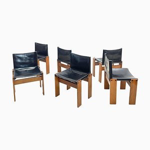 Monk Chairs in Black Leather by Afra and Tobia Scarpa for Molteni, Set of 6