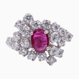 18K White Gold Ring with Central Ruby ​and Brilliant Cut Diamonds