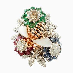 18k Gold Cocktail Ring With Diamonds, Blue Sapphires, Rubies, Emeralds & Mother of Pearl