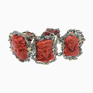 Bracelet Rétro en Or Rose et Argent avec Coraux, Émeraudes, Rubis et Diamants